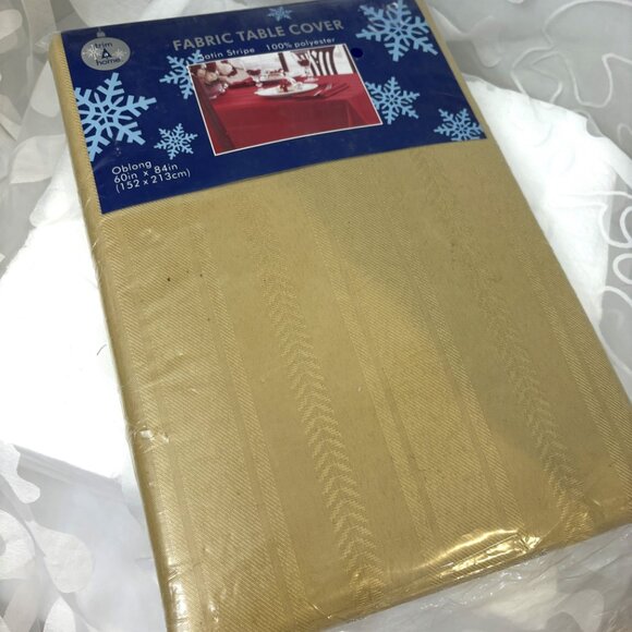 Tablecloth Oblong Satin Stripe Fabric Dark Gold Satin 60 “ x 84”  Vintage NOS - Picture 2 of 9